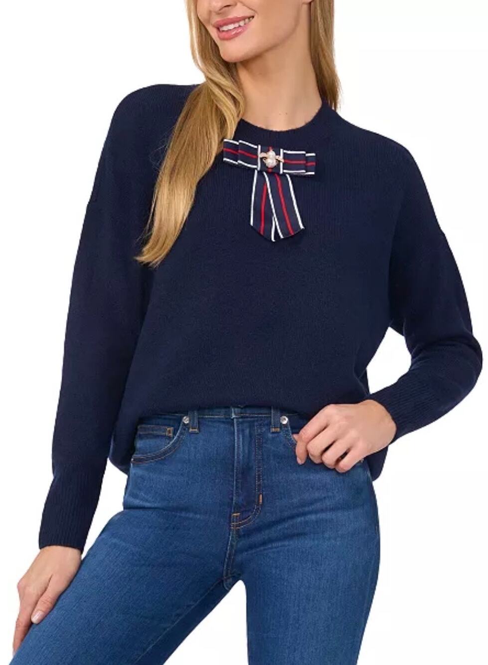 NWT CeCe’s Women's Navy Embellished Ribbon-Trim Bow Crewneck Sweater-Size XL